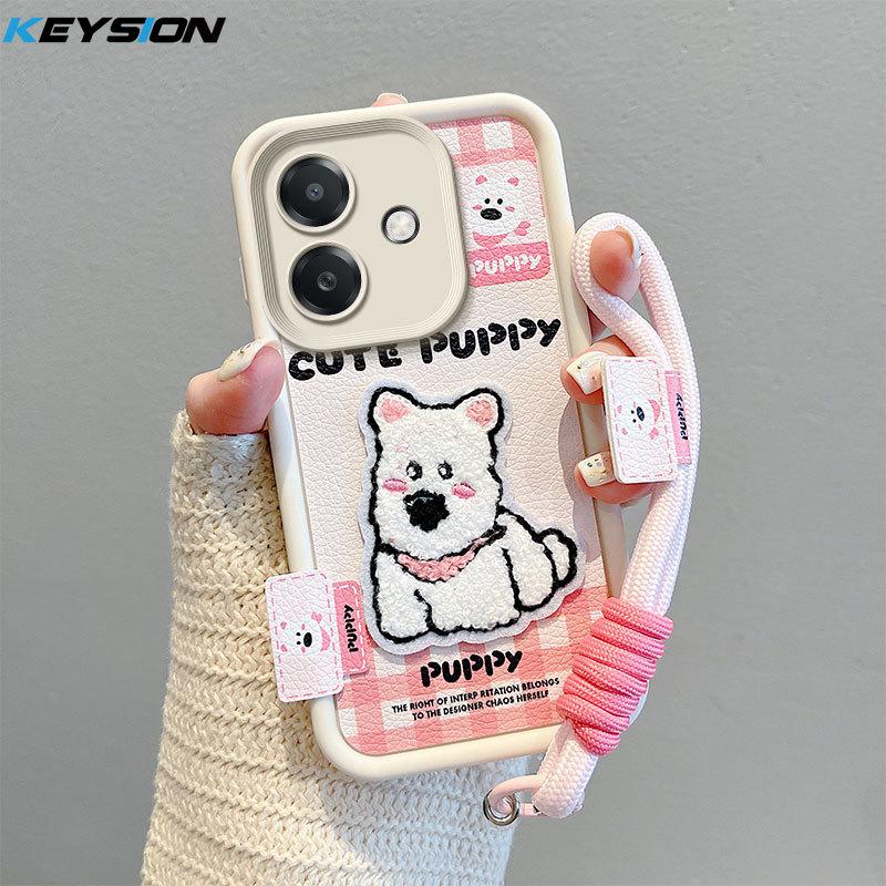 KEYSION Cartoon Cute Plush Embroidery Case for OPPO A5i with Lanyard Silicone Shockproof Phone Back Cover for OPPO A5i