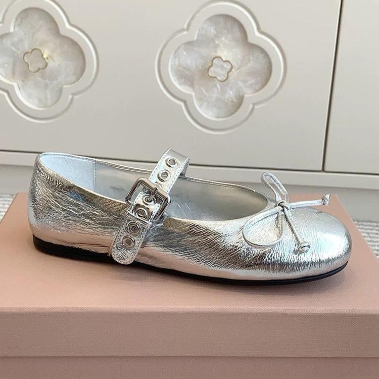 Sheepskin version~ French design belt buckle flat bottom shallow mouth single shoes women's bow round head Mary Jane shoes women's shoes