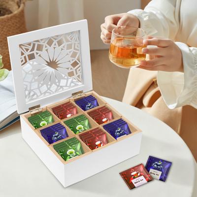 Wood Tea Bag Storage Box 9 Compartments Teabag Gift Box Hollow Out Cabinet Organizer Multipurpose Tea Packet Holder