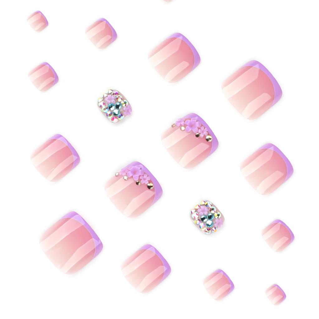 Purple French Toenail Art Stickers with Rhinestones - Short Square Design, Super Sparkle & Wearable