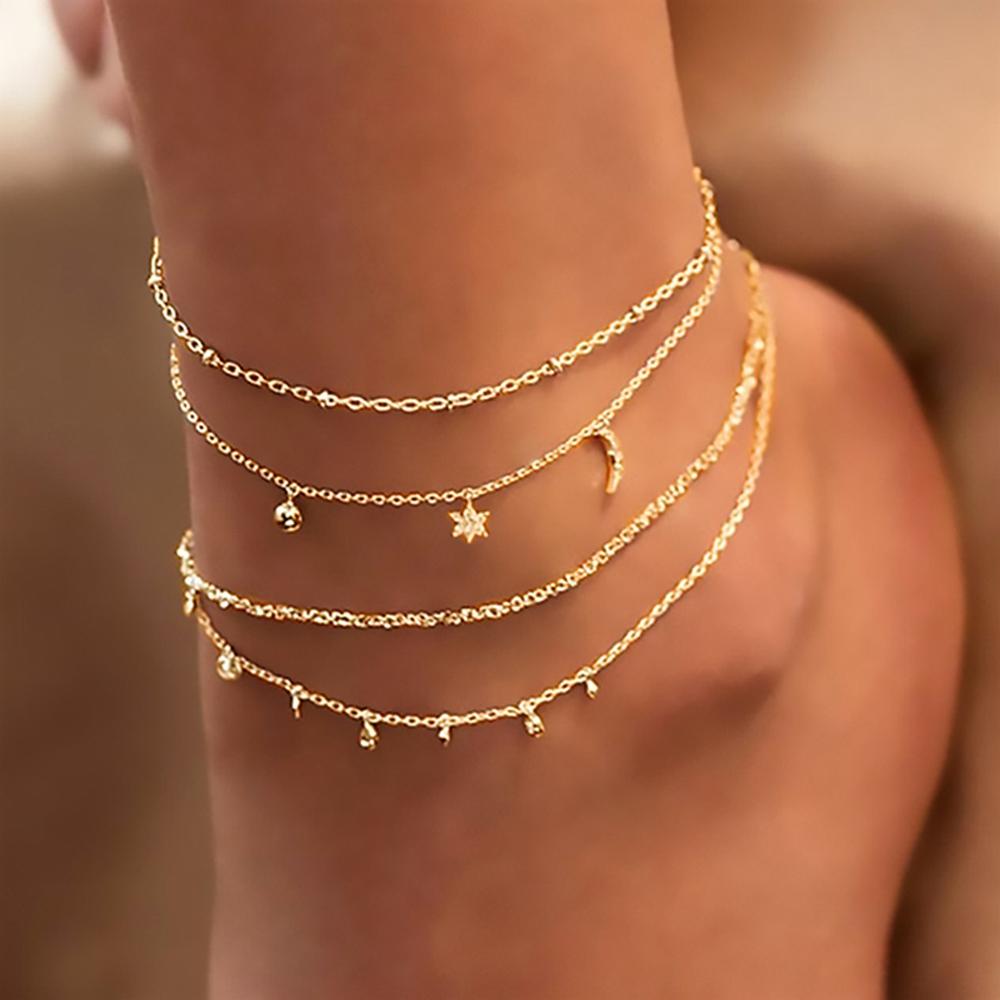 Bohemian Charm Anklet Set For Women Star Moon Ankle Bracelet On Leg Foot Chain Female Beach Jewelry