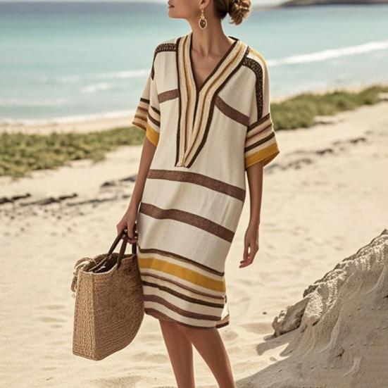 Summer Dress for Women Casual Short Sleeve V Neck Striped Midi Dress Summer Beach Sundress Boho Vacation Outfit