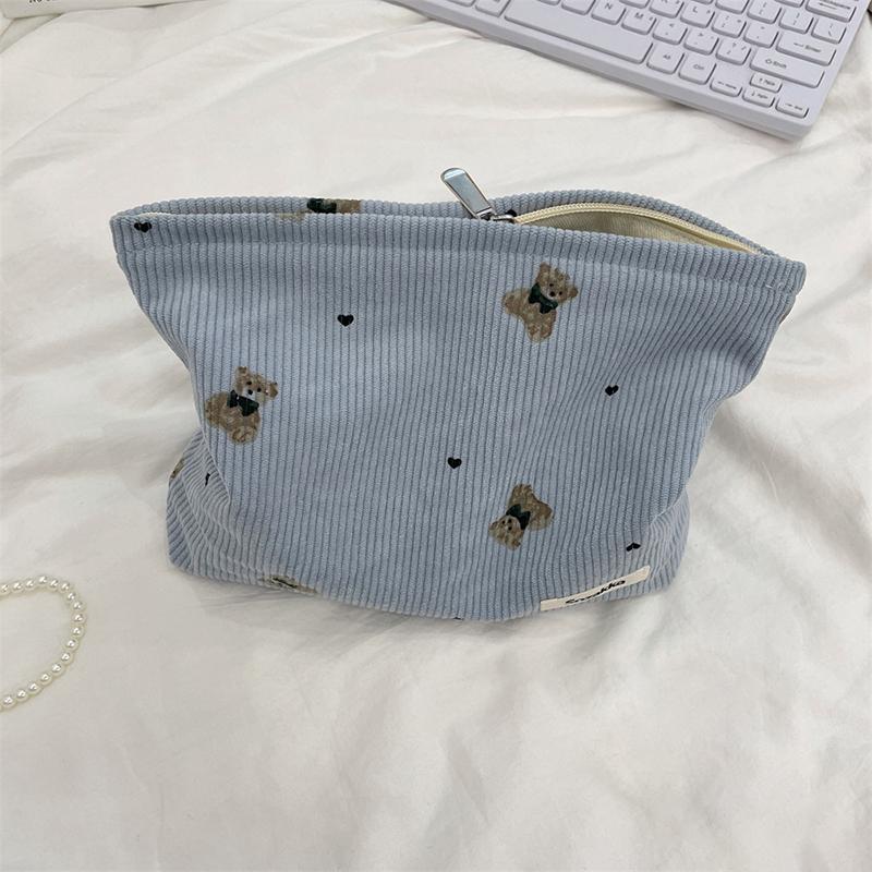 Portable Cartoon Bear Makeup Bag Corduroy Large Capacity Cosmetic Bag Pen Bags For Women Lady Girl