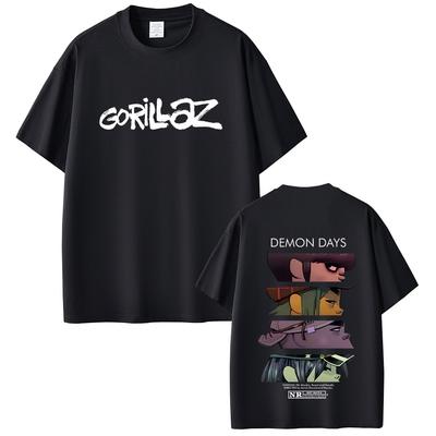 Rock Band Gorillaz Demon Days Ogen Dubbelzijdig Print T-shirt Mannen Hip Hop Mode Oversized Streetwear Unisex Zacht Katoen T-shirts