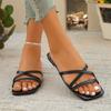 Flat  Women Sandals Summer New Ladies Square Toe Solid Color Cross Strap Fashionable Casual Women's Beach Sandals