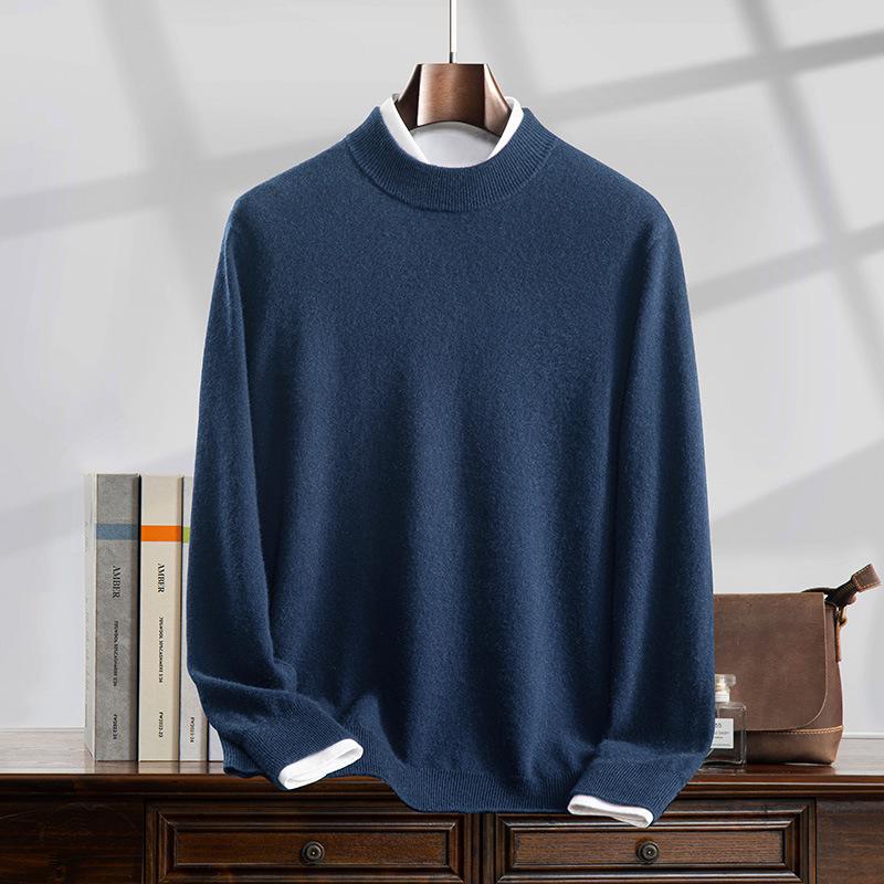 Men's 100% Pure Cashmere Half-High Collar Knit Sweater - Business Casual Long Sleeve Pullover