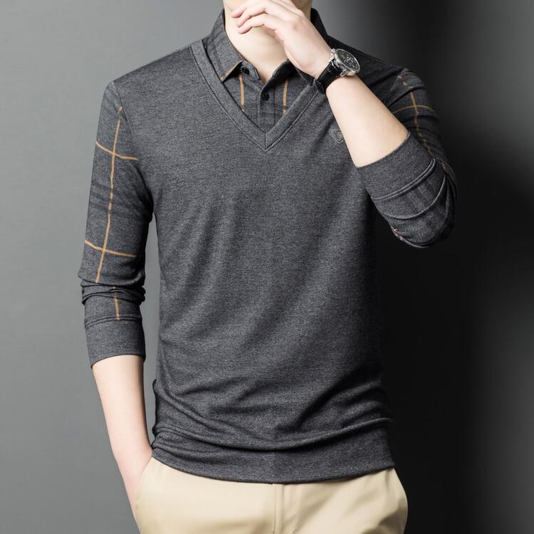 Pánské tričko s dlouhým rukávem Jaro a Podzim Nové Falešné dvoudílné Pánské košile Límec Kostkované Ležérní pro střední věk Spodní tričko pro muže