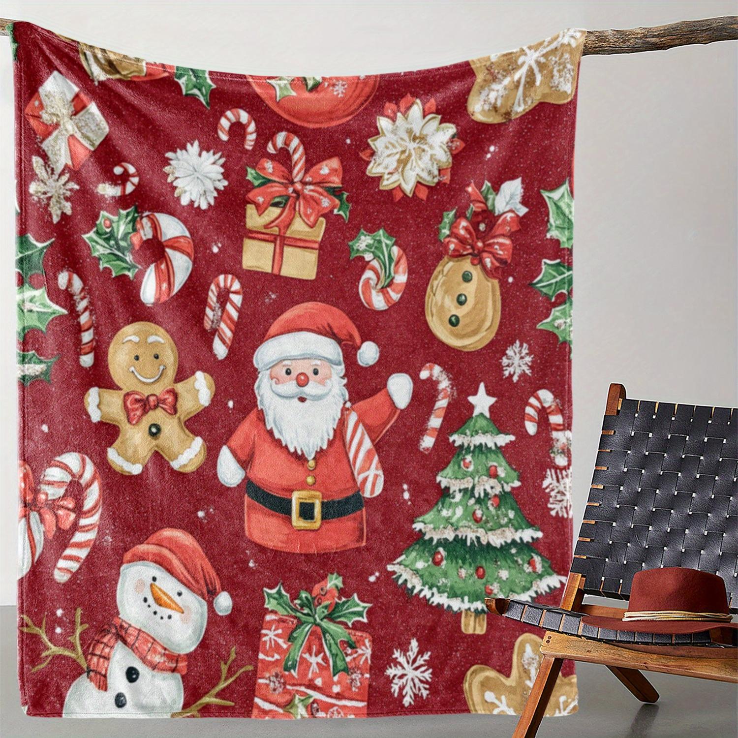 Cozy Flannel Christmas Blanket with Santa, Pine & Gingerbread Print - Soft, Warm Throw for Couch, Bed, Car, Office, Camping - Ve 75x90cm