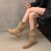 Vintage Suede Pile Boots Apricot Short Boots Western Boots Pleated Women's Boots Autumn Thick Heel Short Boots Knight Boots