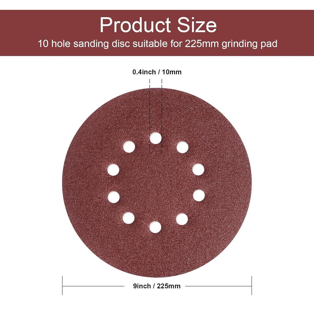 DE Warehouse Free Delivery 225mm Sanding Discs 10 Pcs Hook and Loop 36-240 Grit Sandpaper with 10 Holes for Drywall Sande