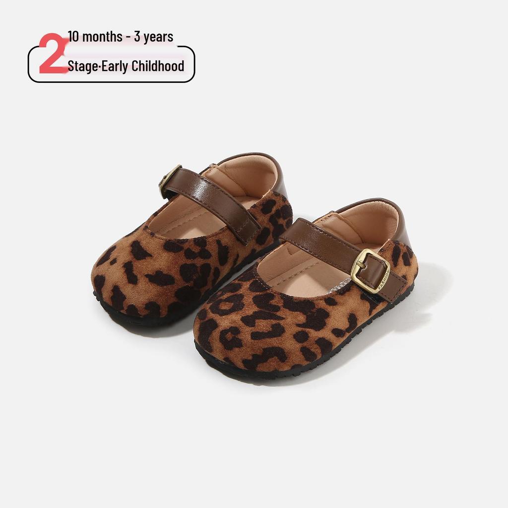 Spring 2026 Girls' Leopard Print Soft Sole Leather Flats - Korean Style Non-Slip Princess Shoes