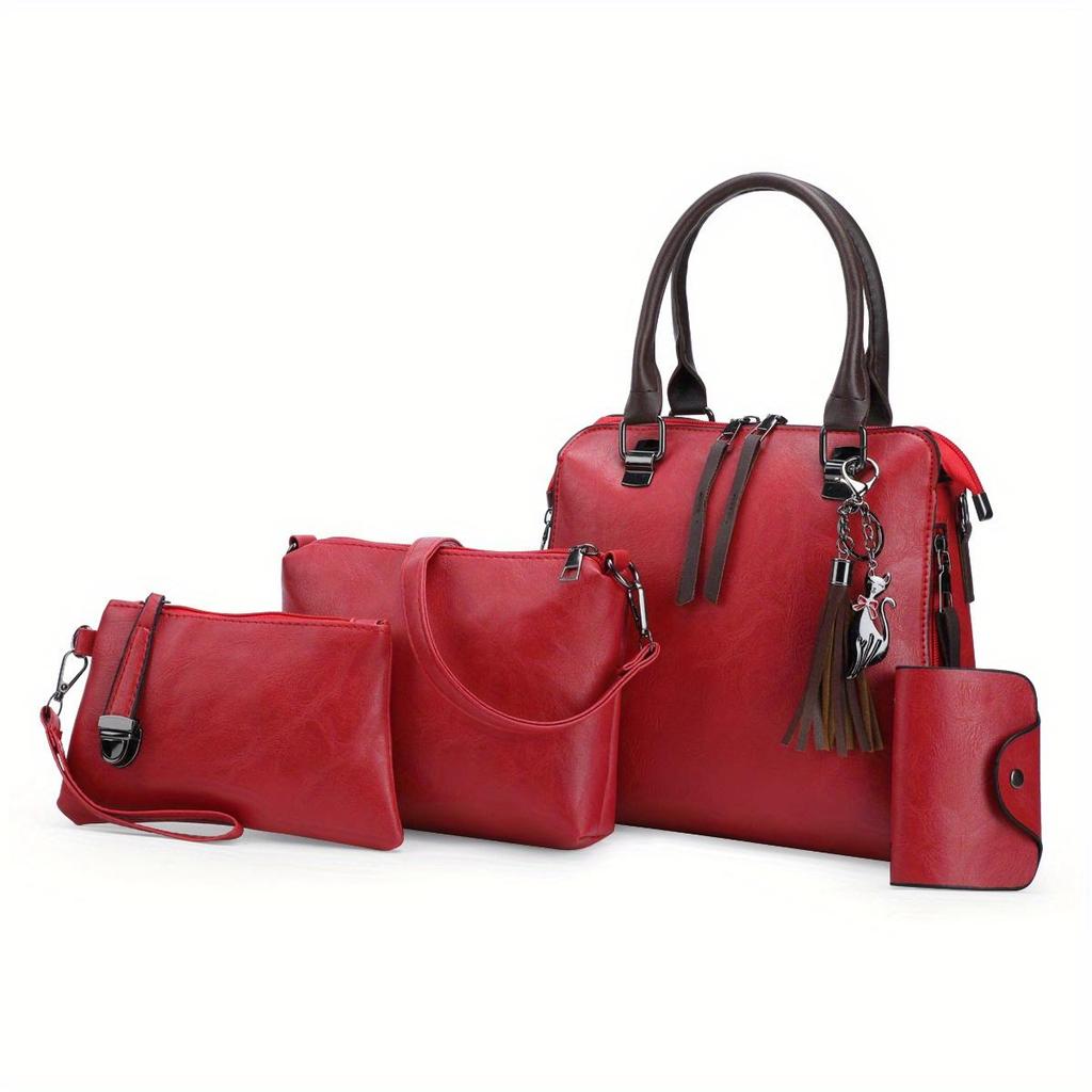 4 In 1 Retro Fashion Handbags Set For Women, Large-capacity Tote Shoulder Bag With Keychain Decor
