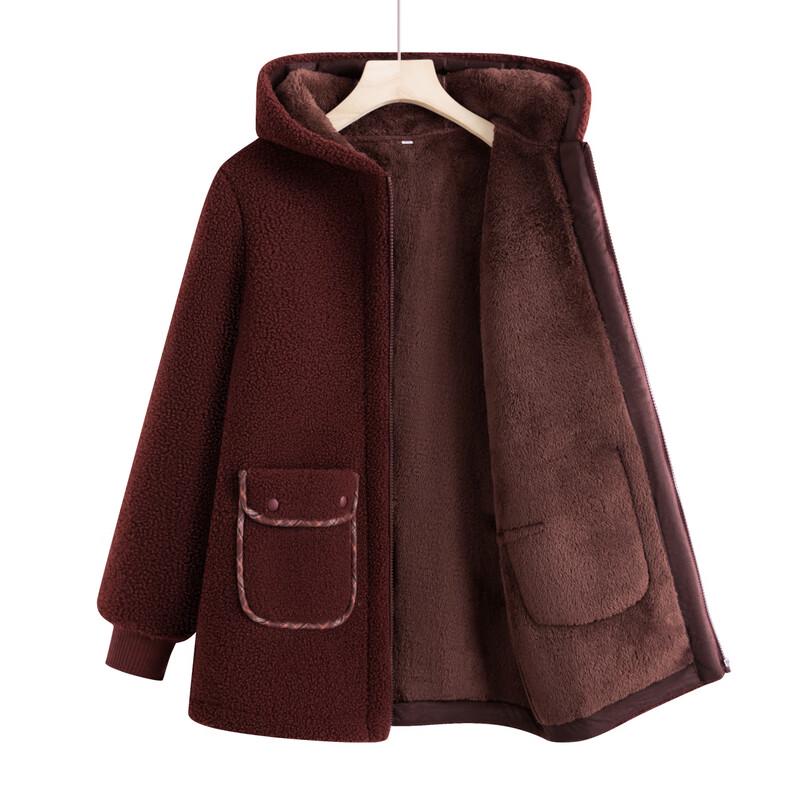 Middle-aged Women's Faux Lamb Wool Lined Hooded Winter Jacket