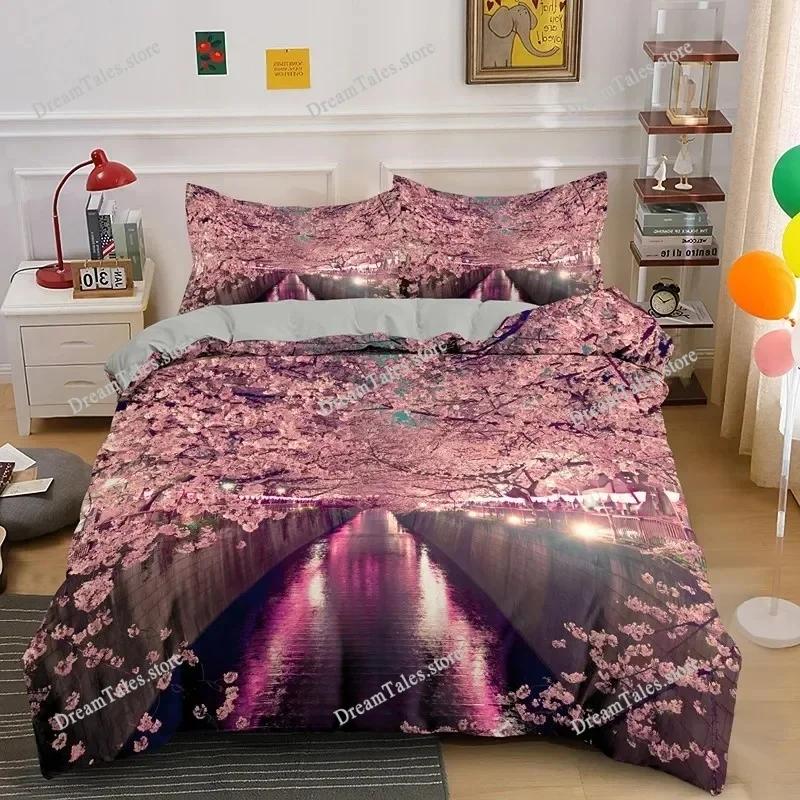 Duvet Cover Set Plum Blossom King Pink Flower Quilt Cover for Girls Microfiber Branches Printed Japanese Ink Style Bedding Set