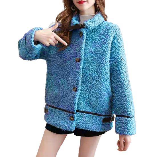 Winter Women Coat Single-breasted Turn-down Collar Long Sleeves Loose Thick Plush Pockets Belt Decor Windproof Warm Jacket