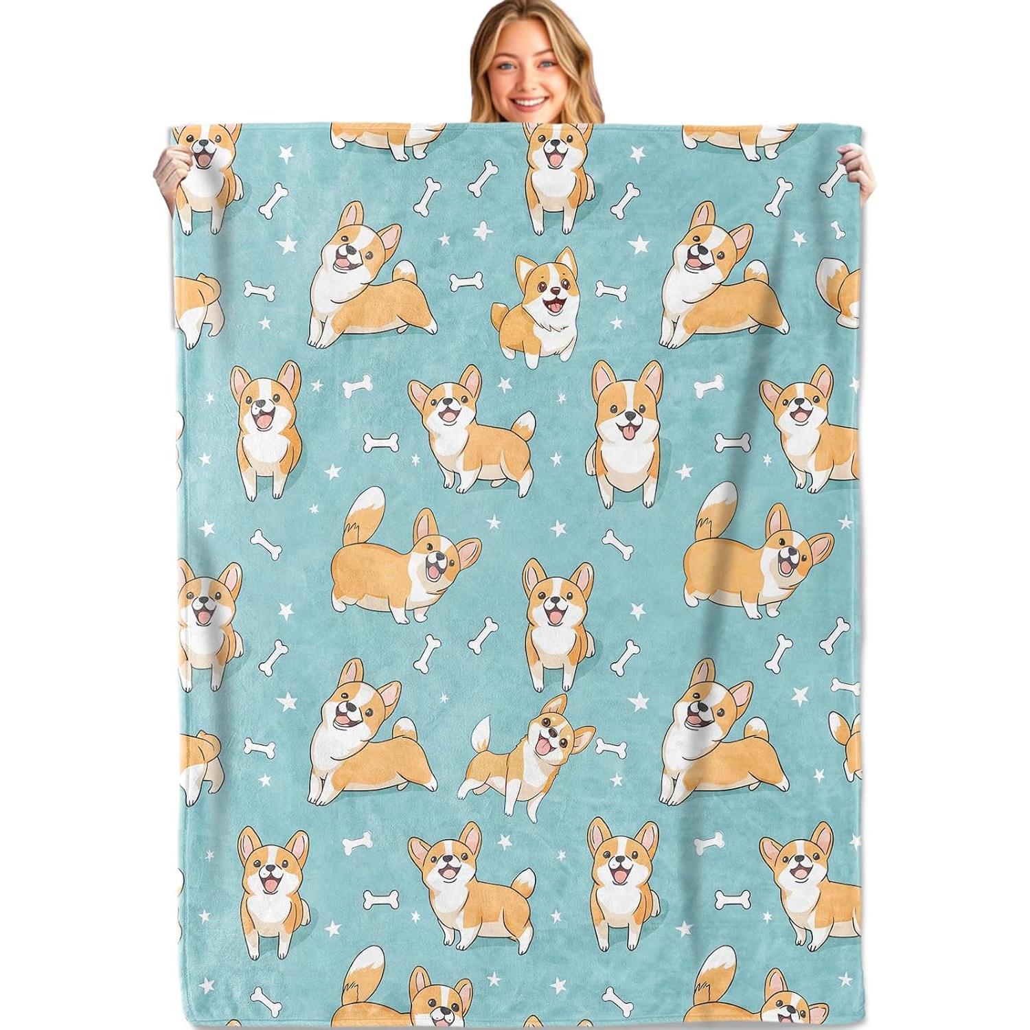 

Cute Corgi Throw Blanket,Soft,Lightweight Flannel,Playful Dog Blankets - Gifts for Kids Boys Girls,for Couch Office Trav 75x90cm
