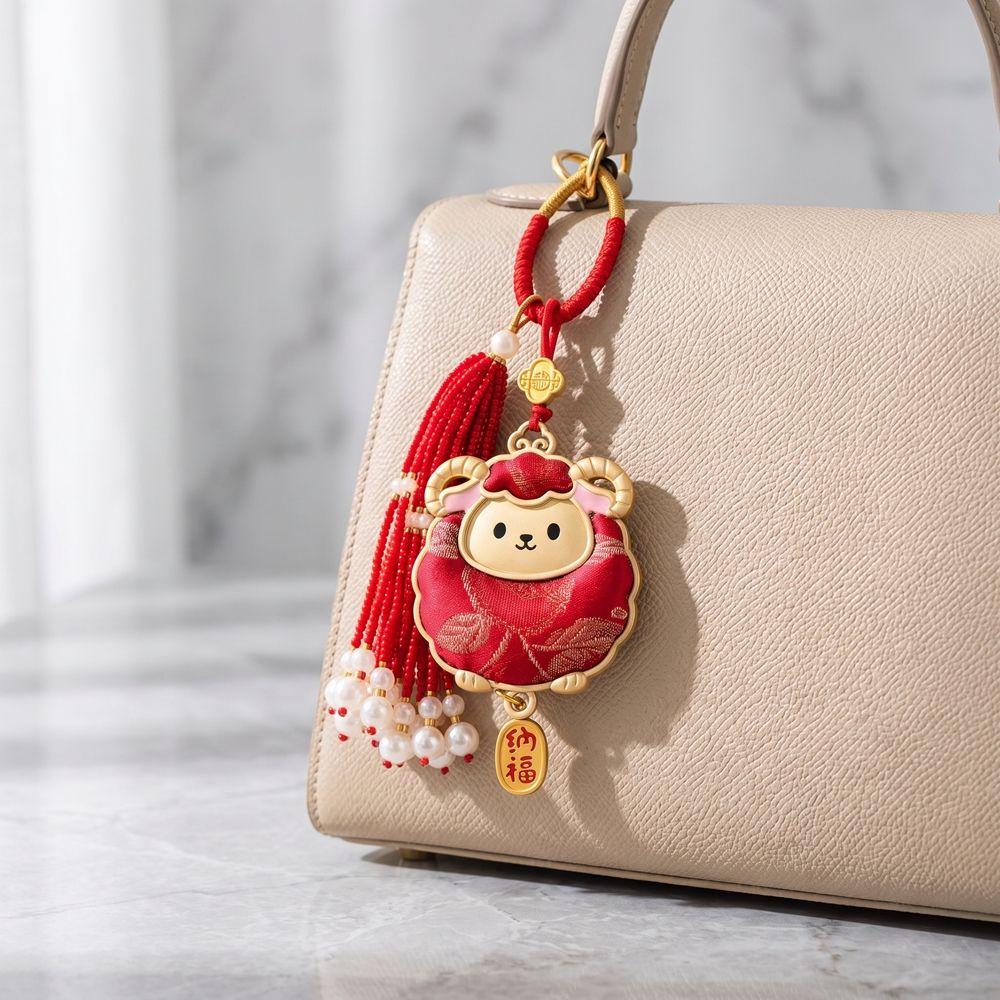 Imitation Song Brocade Embroidery Sheep Keychain with Tassel Sheep Pendant Bag Charm New Year