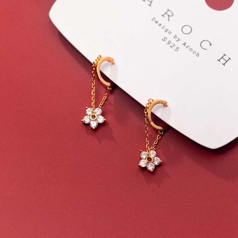Fashion Jewelry Flower Drop Chain Tassel Earrings 18K Gold Plated 925 Sterling Silver Hoop Earrings Jewelry for Women