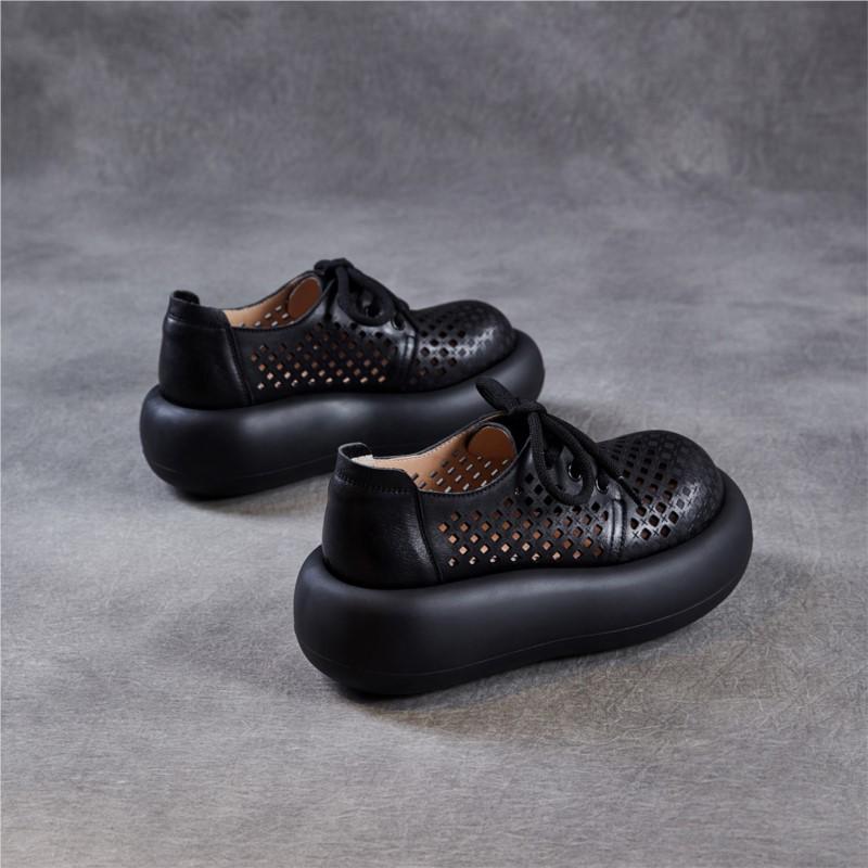 Johnature Hollow Out Thick Soled Shoes Genuine Leather Breathable Lace-up Women's Platform Sandals