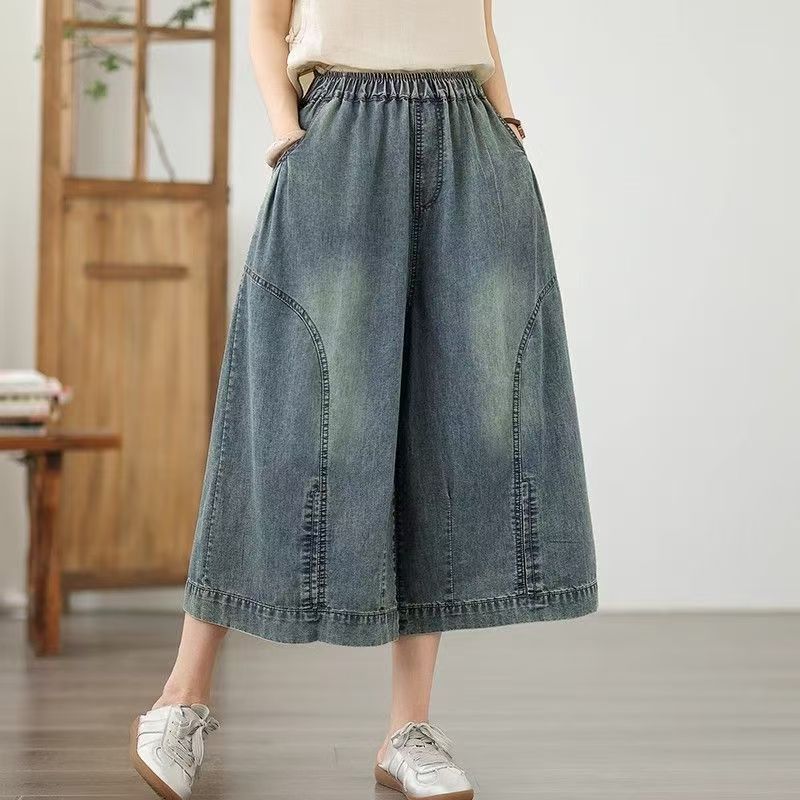 

Хлопковые брюки летние женские больших размеров свободные пижамные брюки универсальные повседневные джинсы с высокой посадкой льняные брюки S синий