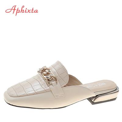Fashion Aphixta 2025 New Chain Mules Women Slides Square Toe Ladies Striped Shoes Summer Fashion Footwear Plus Big Size 43 Slippers