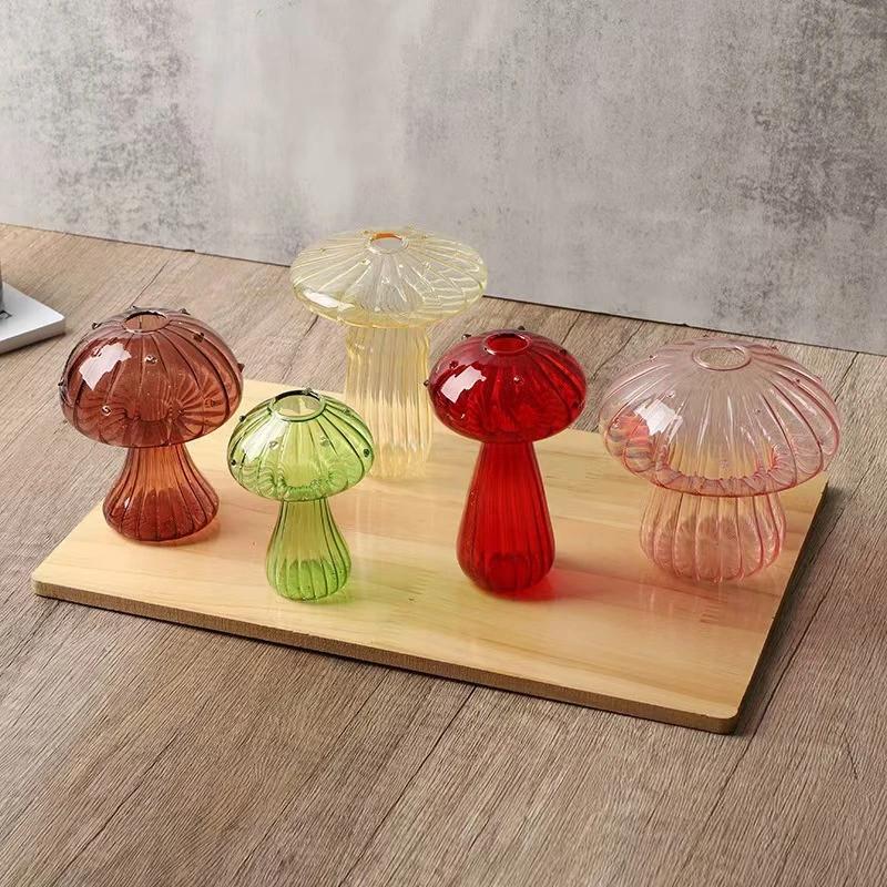 Glass Colorful Mushroom Vase Nordic Style Indoor Home Decor Hydroponic Plant Flower Arrangement Ornament Room Desktop Decoration