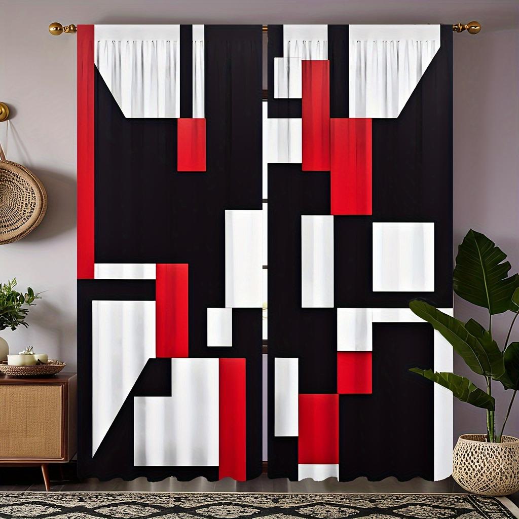 2pcs Set Modern Geometric Curtains Black & White Rod Pocket Design for Easy Hanging for Living Room Bedroom Kitchen Window Drape