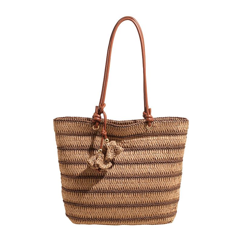 

Women s Striped Woven Tote Bag Summer Beach Shoulder Bag with Leather Handles хакі