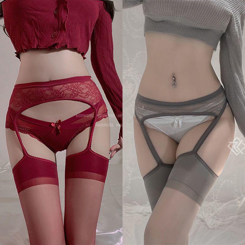Damen Ultra-Dünne Rot Grau Sexy Strapsstrümpfe Oberschenkelhoch