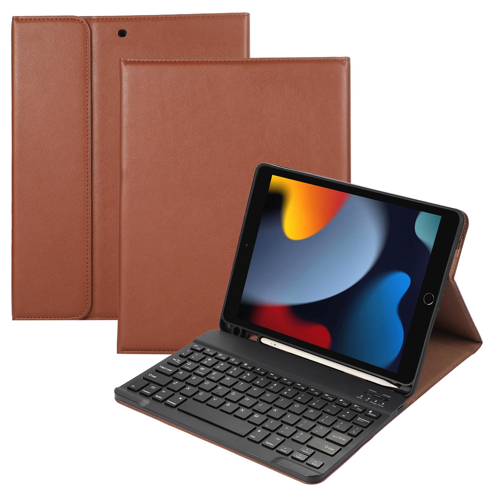 

For iPad 10.2 (2021)/(2020)/(2019) Leather Bluetooth-compatible Keyboard Case Stand with Pen Holder Brown