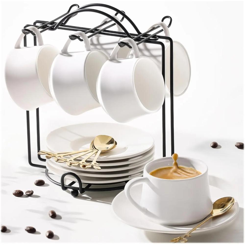 

Фарфоровые штабелируемые чашки для эспрессо с блюдцами, ложками и металлической подставкой, 3 унции, маленький набор кофейных чашек для капучино из 6 штук other слоновая кость