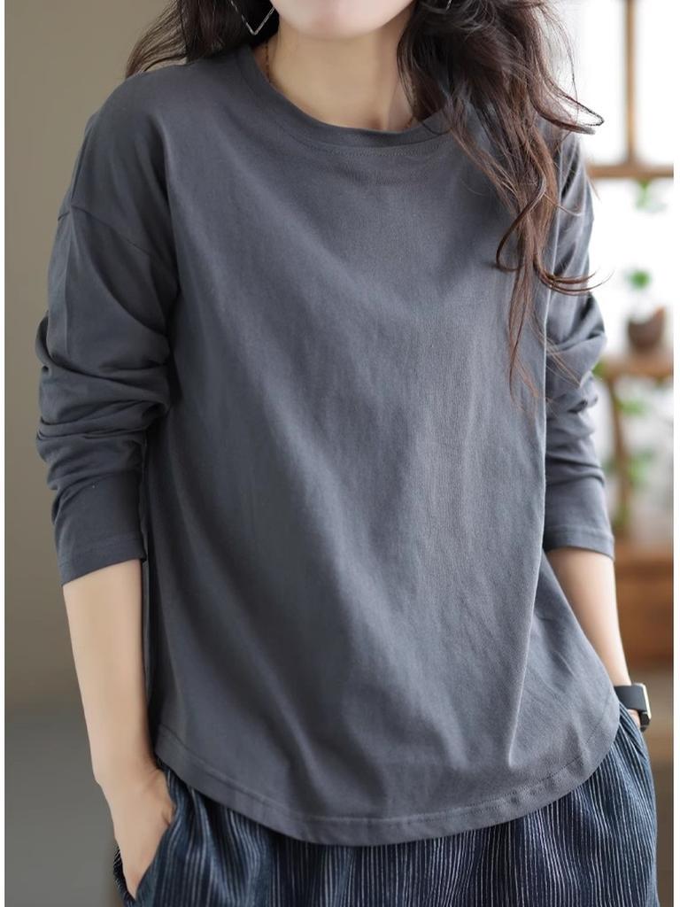 Maieu Dintr-o Singură Culoare Vintage Decupat Femei Toamnă Iarnă Stil Nou Casual Mânecă Lungă Largă Tricou Top Femei Trendy