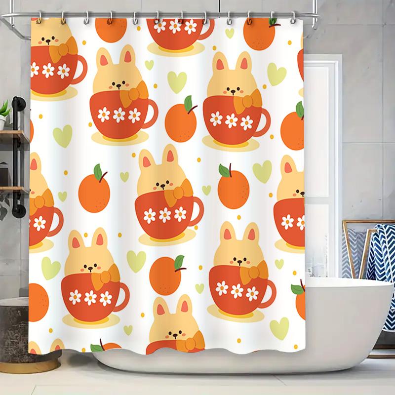 

Adorable Rabbit Cup Tea Party Orange Shower Curtain Decorative Home Bathroom Liner Set With Hook (White Orange) W60H190(CM)-1 Pcs