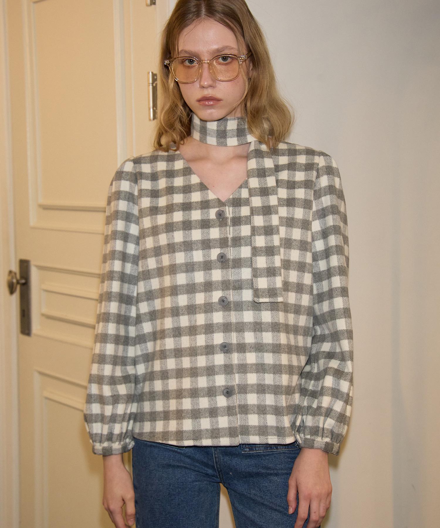Salon De Yon Scarf Gingham Check Blouse_ Gray
