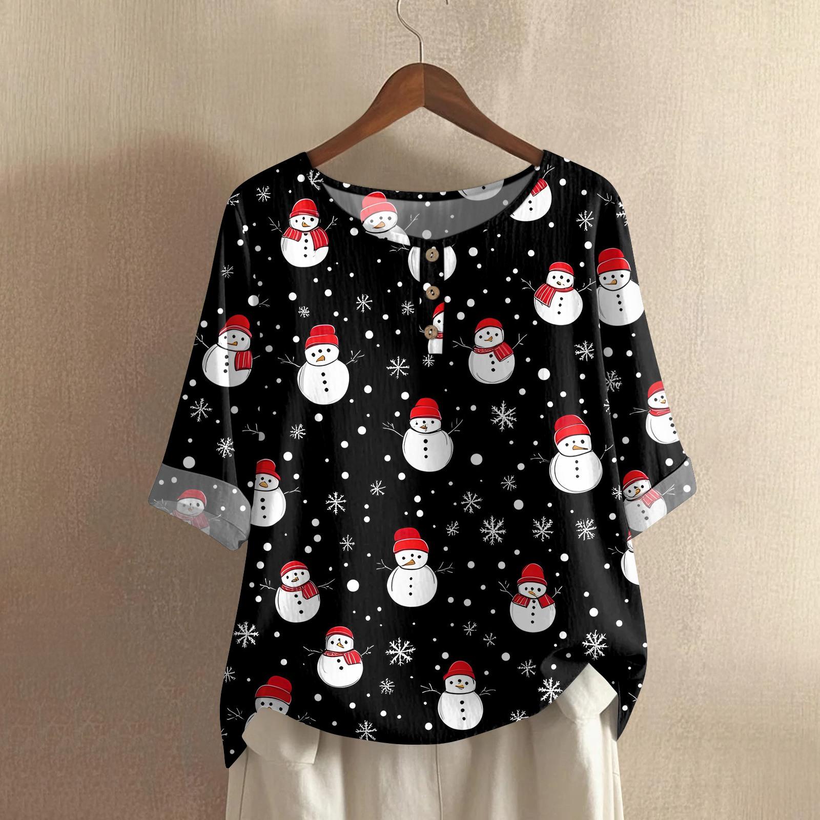 

Женская модная и повседневная рубашка с полурукавом и круглым вырезом, с рождественским принтом, блузка из хлопка и льна XL белый