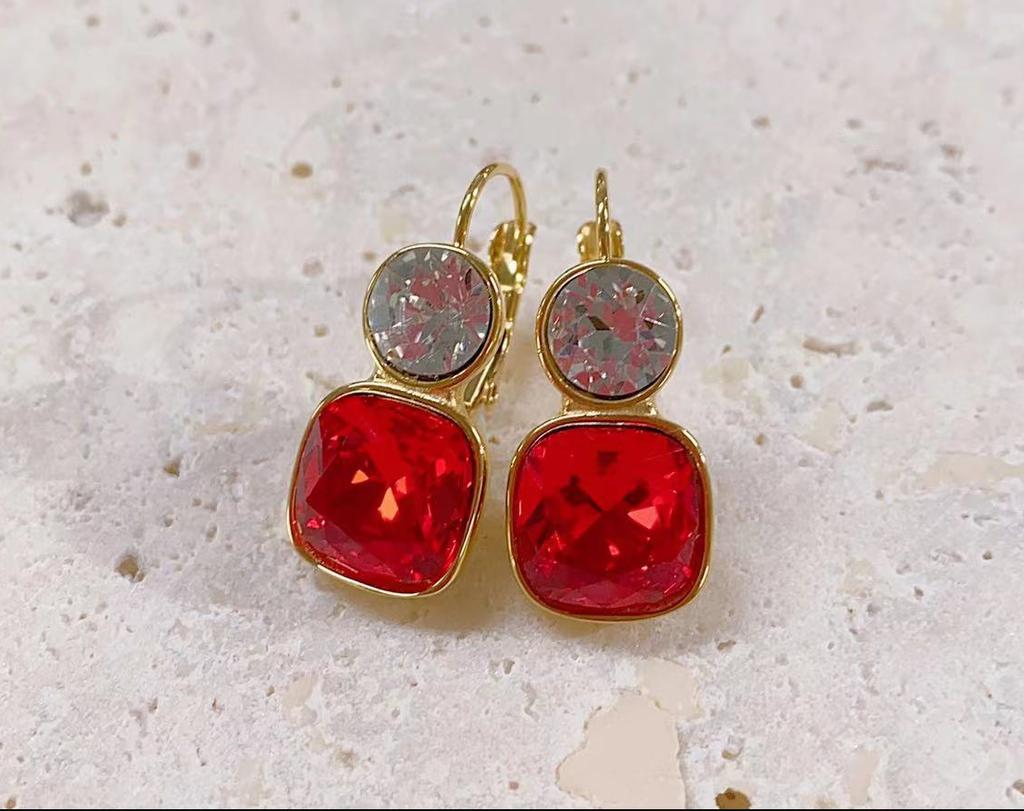 CARLIDANA 18K Gold Plated Stainless Steel Square Shaped Colorful Pink Crystal Stone Stud Dangle Earrings for Women Jewelry