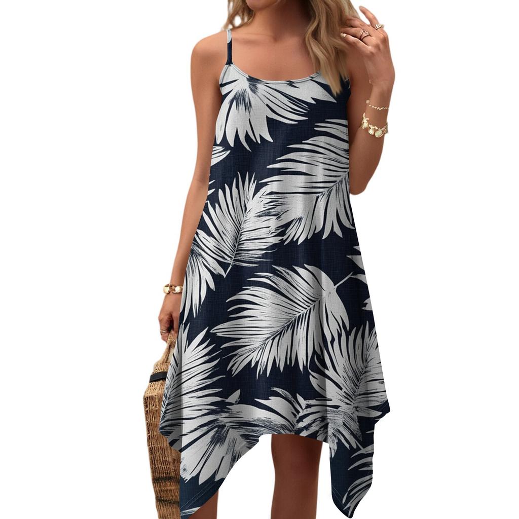Women's Summer Casual Vintage Floral Print Round Neck Adjustable Suspender Dress With Pockets
