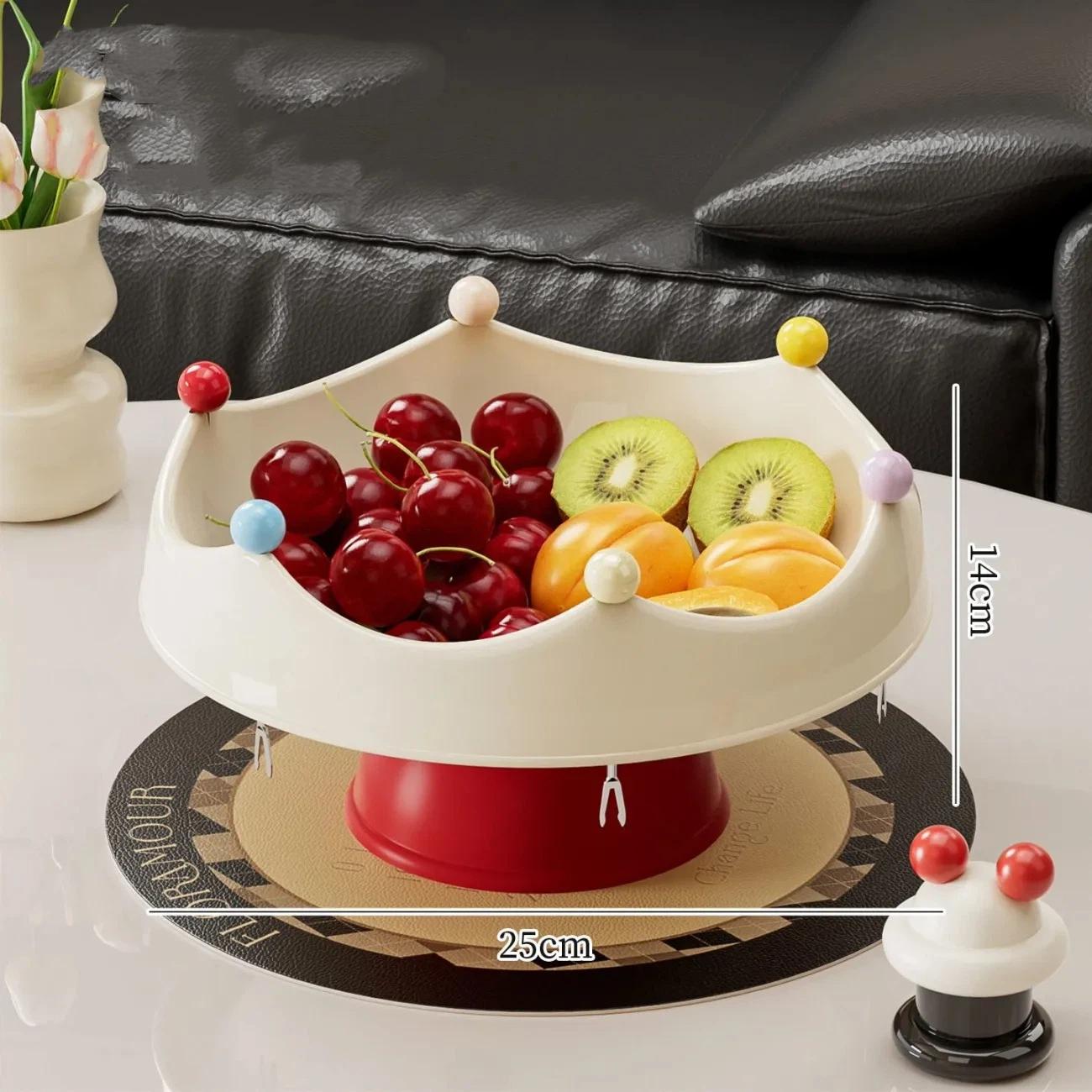 Nordic Round Plastic Fruit Plate, Creative Snack & Dessert Serving Tray with Fruit Fork White