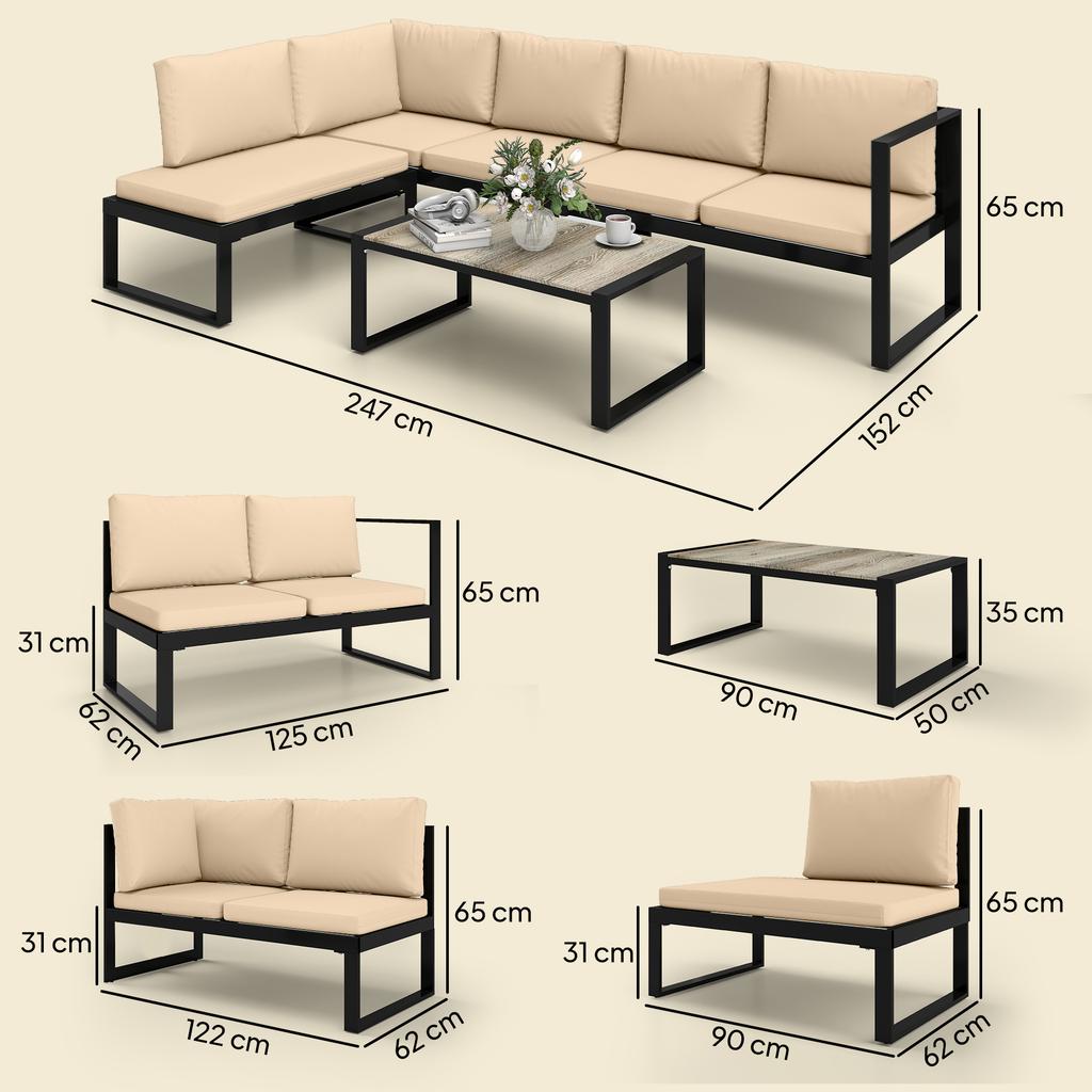 4-Piece Garden Furniture Set, Sofa Set with 2 Two-Seaters, Armless Chair, Coffee Table, for Balcony, Khaki
