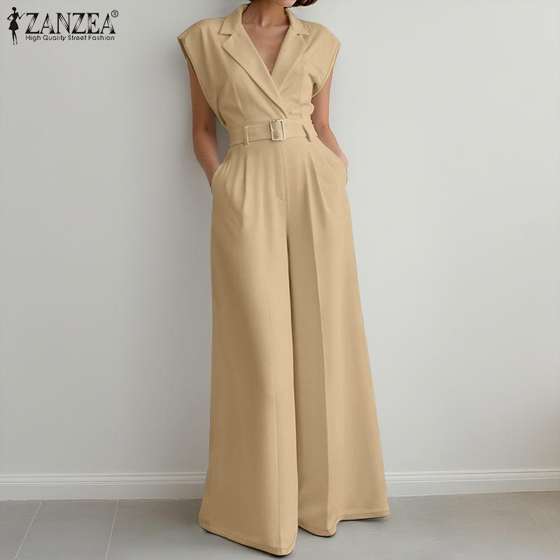 

ZANZEA Womens Casual Turn Down Collar Loose Sleeveless Wide Leg Jumpsuits 5XL хакі