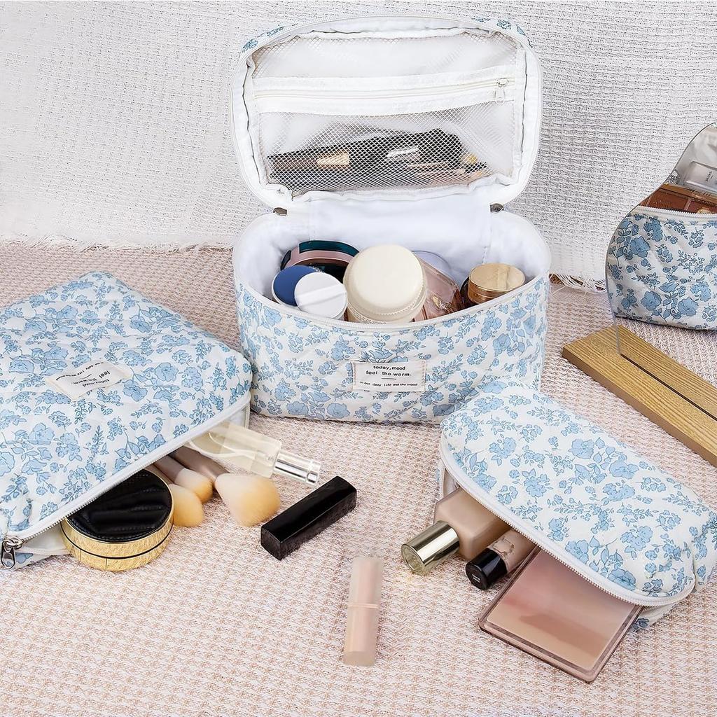 Floral Makeup Bag Quilted Cosmetic Large Capacity Travel Makeup Pouch Set of Blue Set, Pouch, 3,