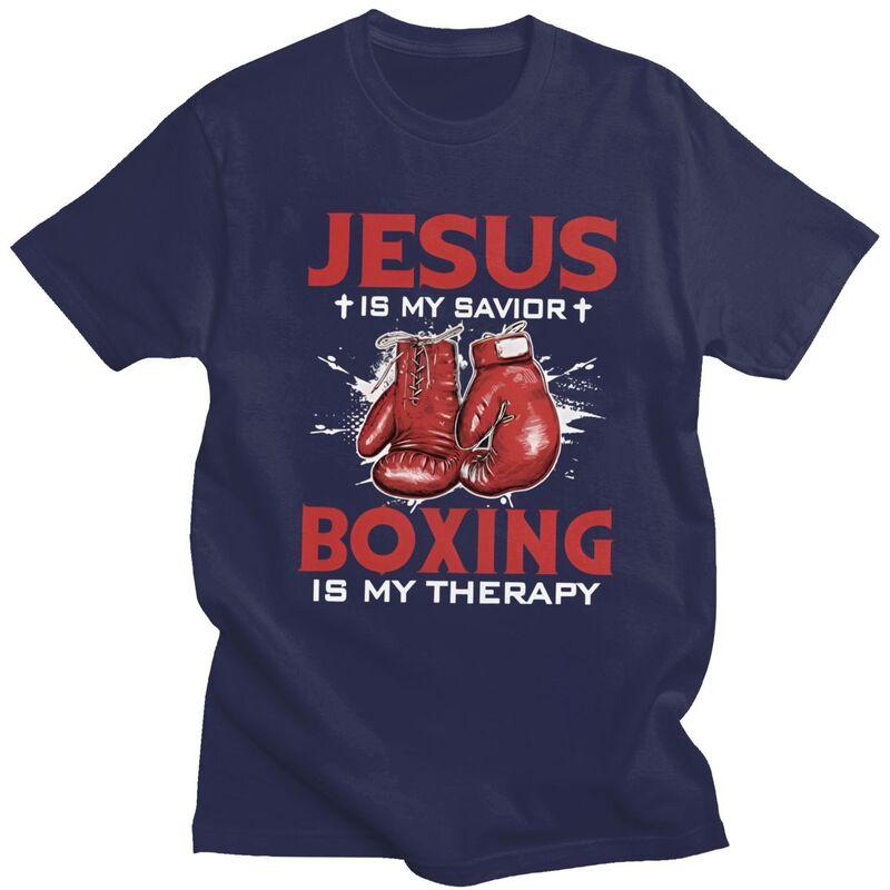 Jésus Est Mon Sauveur La Boxe Est Ma Thérapie T-shirt Pur Coton T-shirts Été Manches Courtes Col Rond Citations de Boxeurs T-shirts