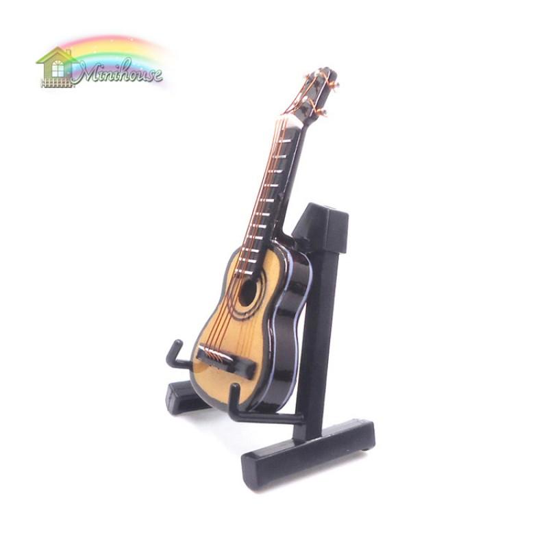 1:12 Scale Miniature Wooden Guitar With Leather Case Dollhouse Decor Realistic Musical Instrument Model Collectors
