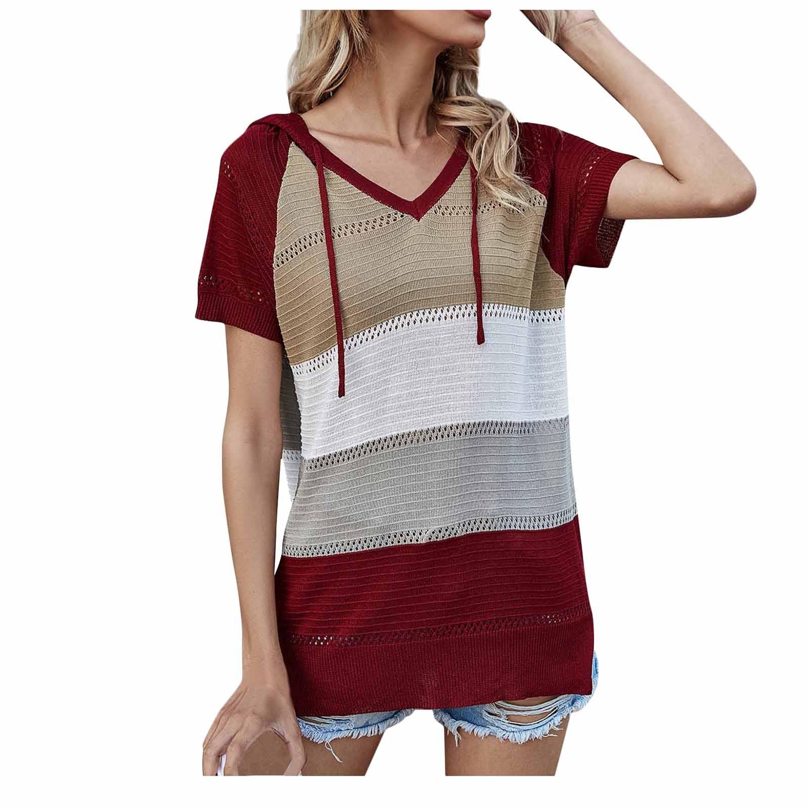 

Женский повседневный модный и удобный пуловер с капюшоном и короткими рукавами, топ, разноцветный полосатый вязаный свитер XL винный