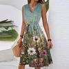 Dámské jarní letní ležérní šaty midi s výstřihem do V, bez rukávů, s květinovým potiskem v pase