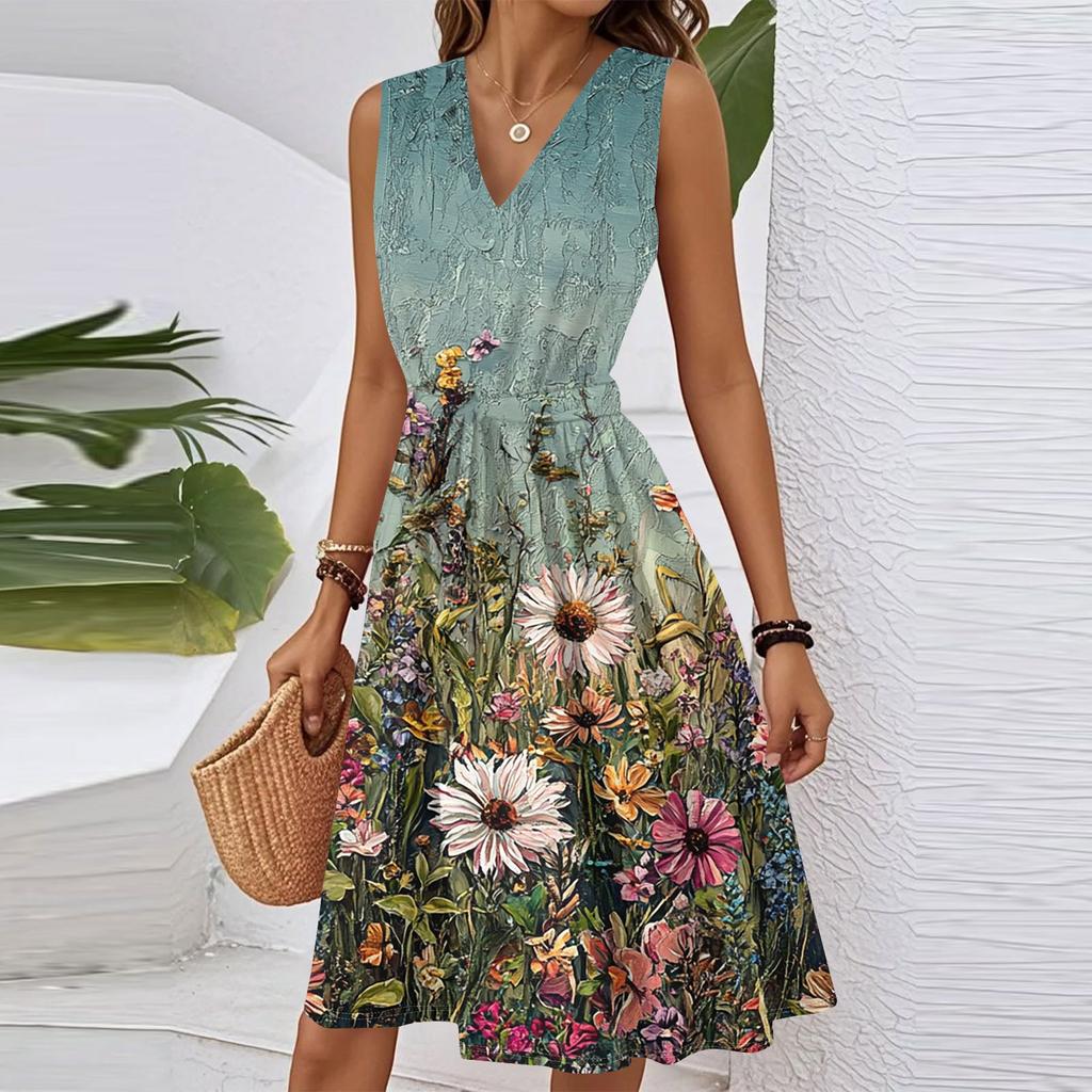 Dámské jarní letní ležérní šaty midi s výstřihem do V, bez rukávů, s květinovým potiskem v pase