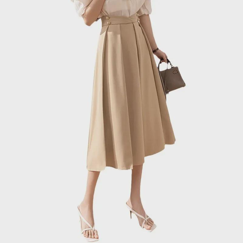 2024 Sommer A-linje Plissert Midi-skjørt for kvinner - Høy midje, Hofte-dekkende, Slankende passform