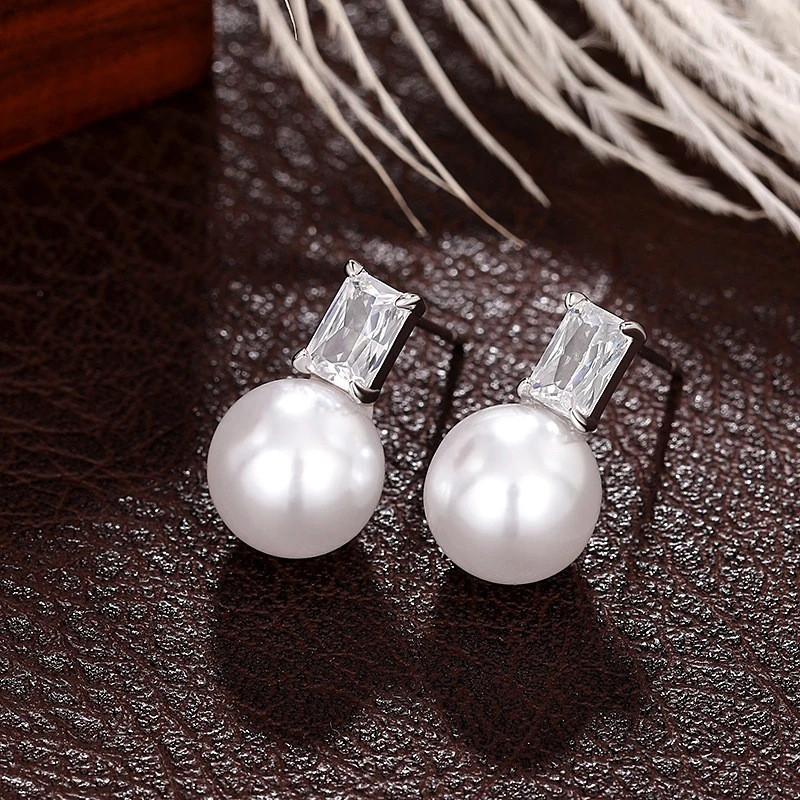 

925 Sterling Silver Pearl Earrings with Square Cubic Zircon Temperament Accessories for Women Hot Jewelry Wholesale