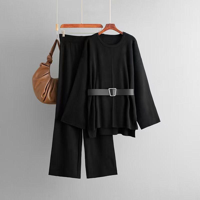 

European and American Fashion New Style Knitting Belt Tops High Waist Loose Pants Suit Sweater and Pants Set Black All yards