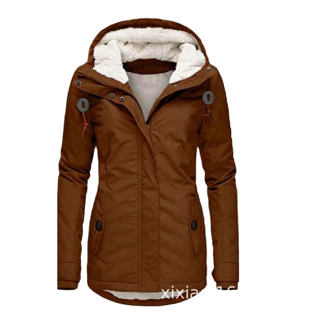 Women's Hooded Sherpa Lined Midi Coat Solid Color Zip Up Warm Winter Casual Outerwear Jacket